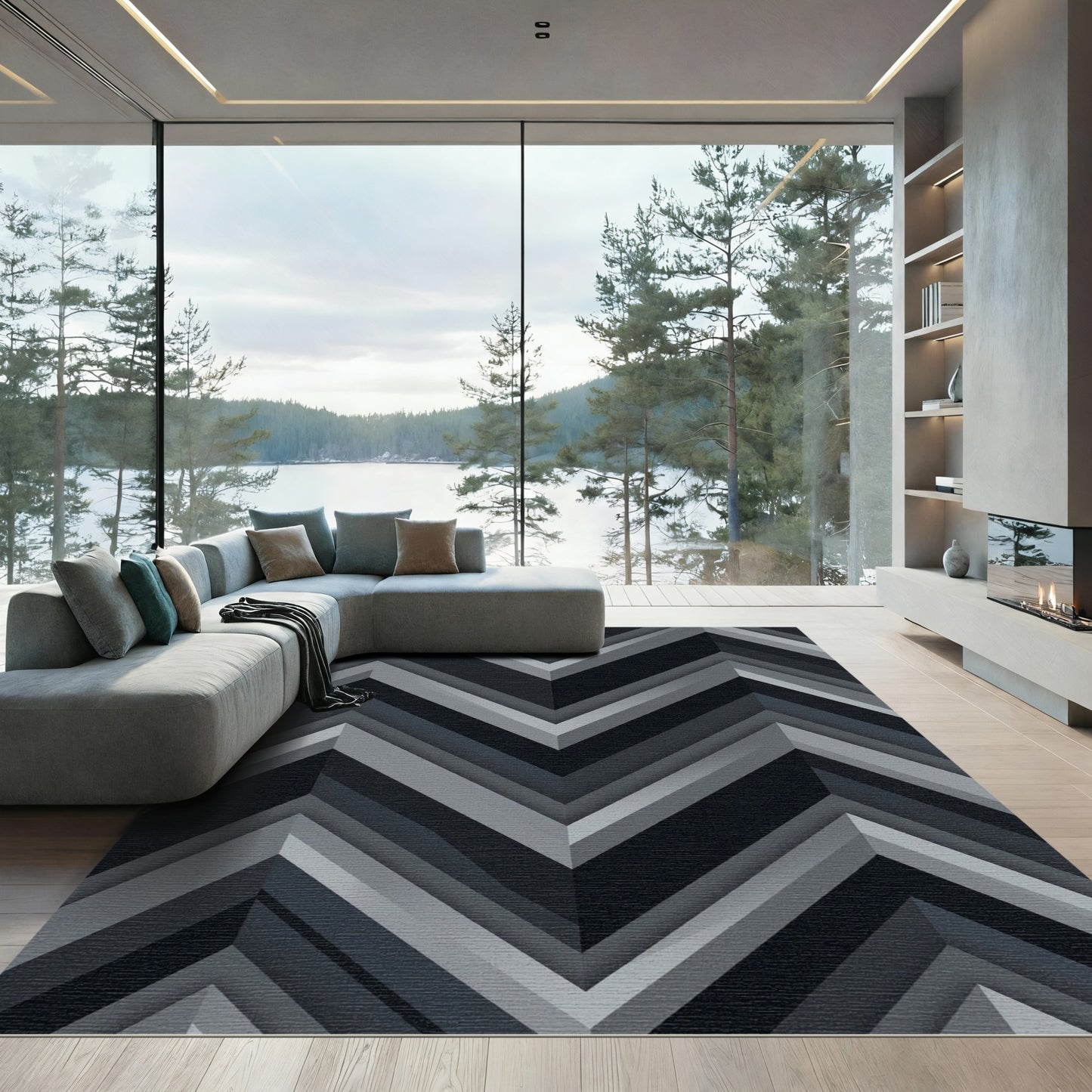 Modern Geometric Charcoal Chevron Rug