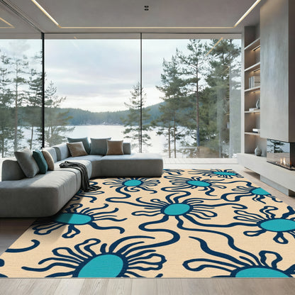 Abstract Blue Spoke Sun Cream Rug