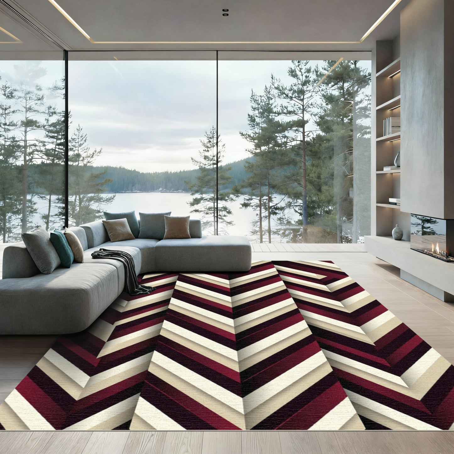 Maroon Ivory Chevron Gradient Rug