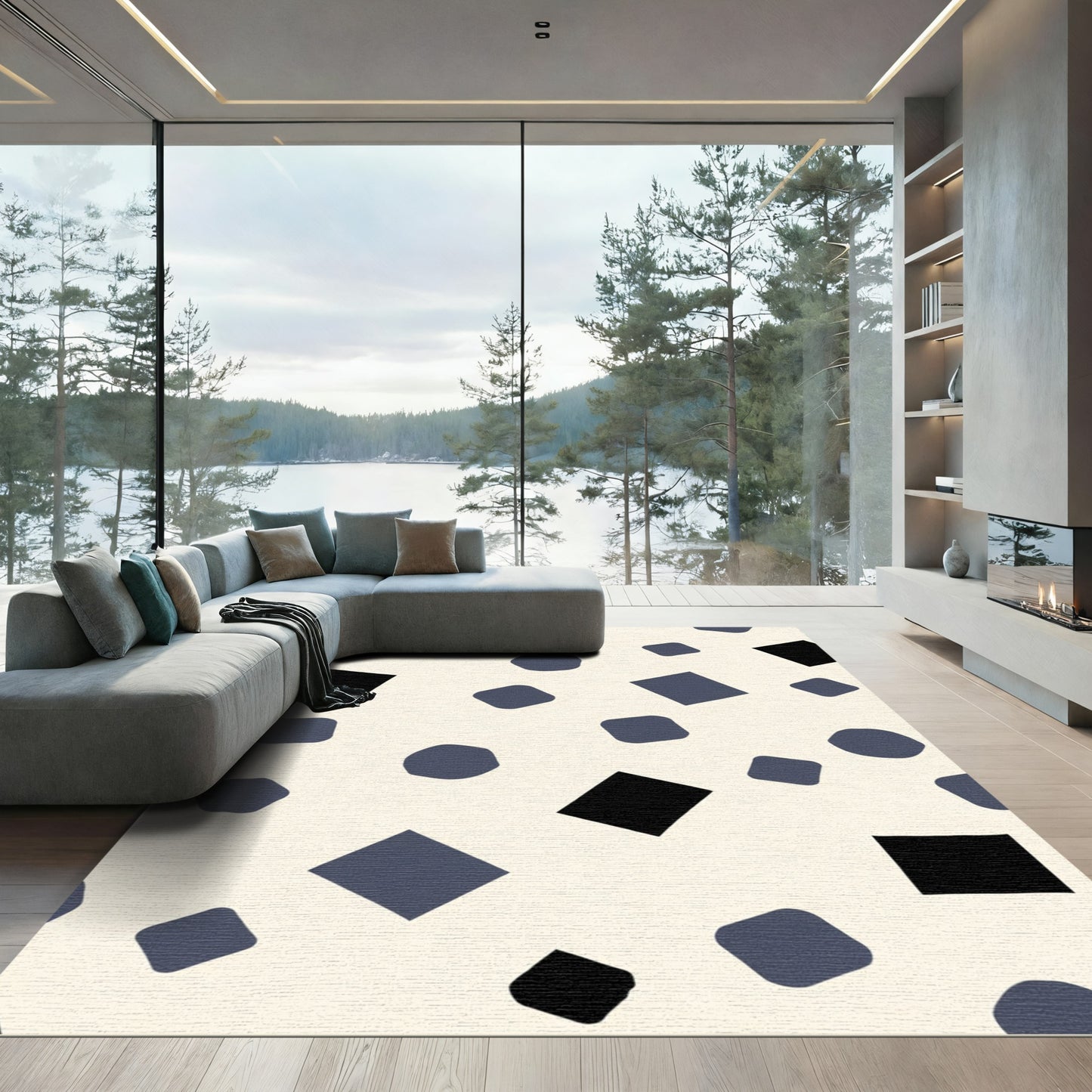 Modern Black Blue Shape Scatter Rug