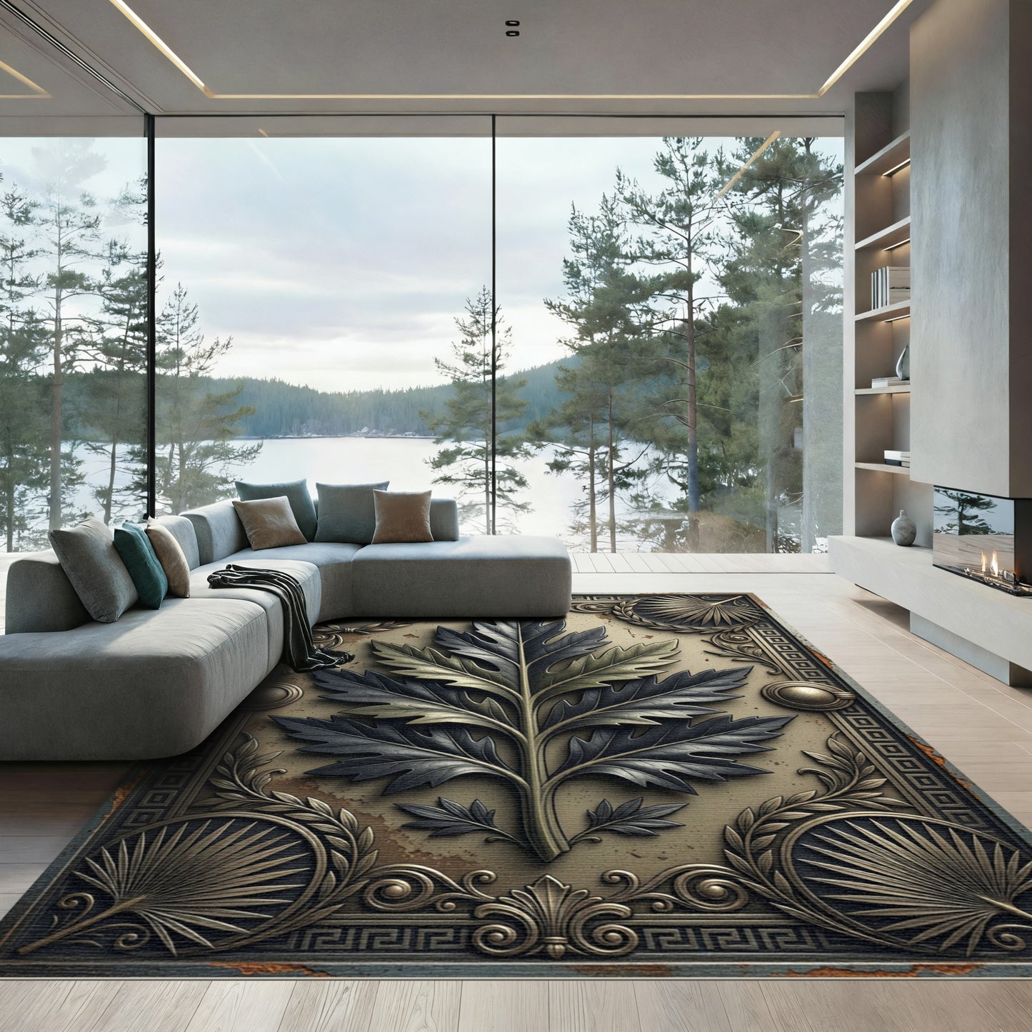 Metallic Gold Acanthus Leaf Greco Border Rug
