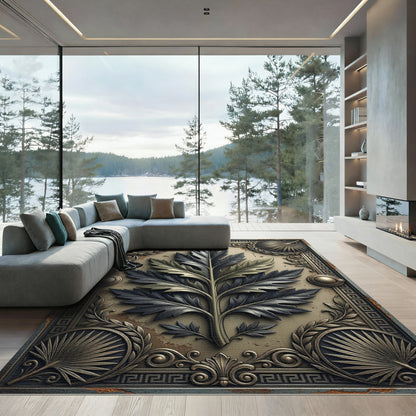 Metallic Gold Acanthus Leaf Greco Border Rug