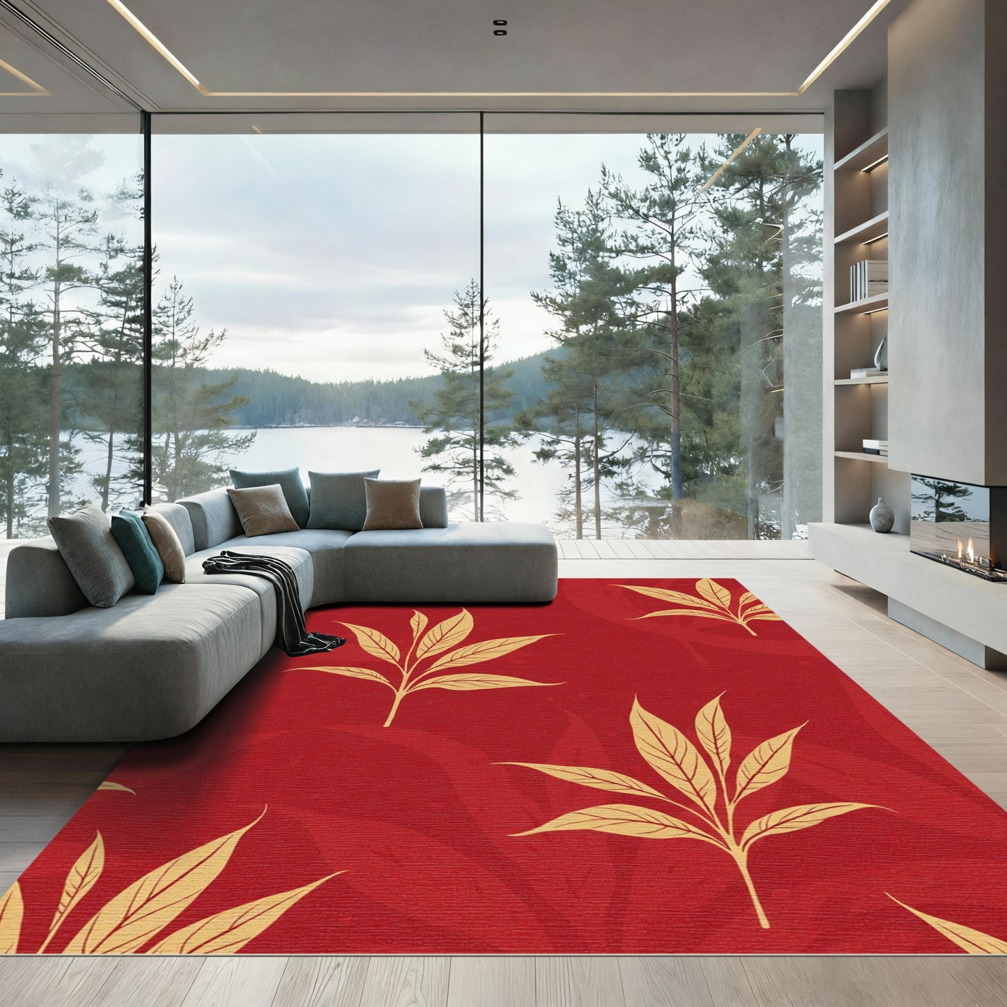 Crimson Gold Botanical Branch Pattern Rug