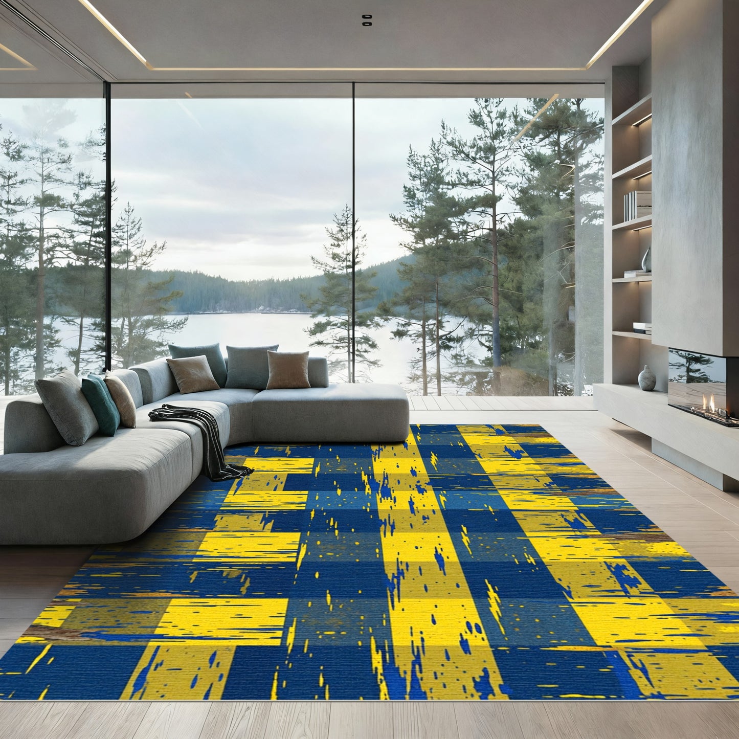 Distressed Navy and Golden Yellow Plaid Rug