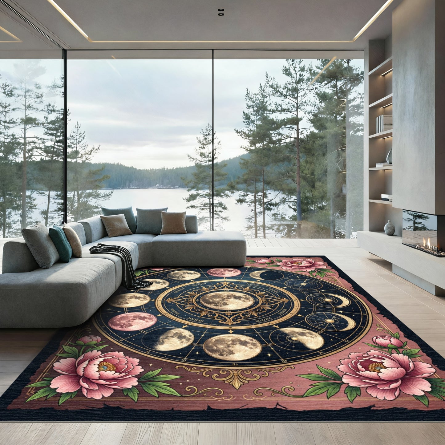 Celestial Moon Phase Floral Medallion Rug