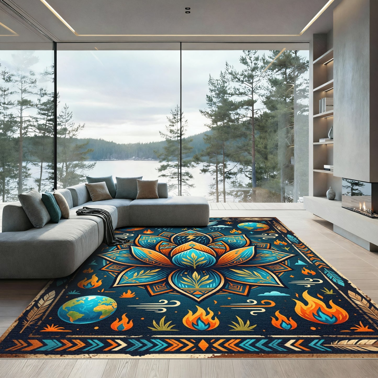 Celestial Eagle Lotus Earth Fire Wall Art Rug