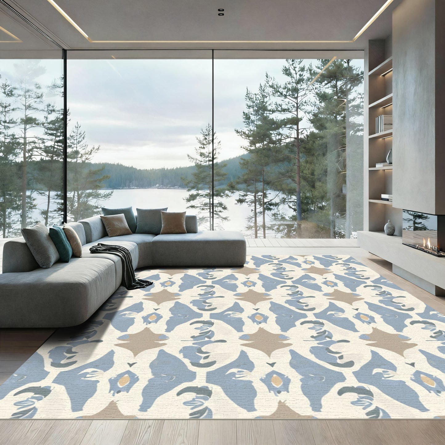 Pale Blue and Tan Abstract Damask Rug