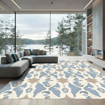 Pale Blue and Tan Abstract Damask Rug