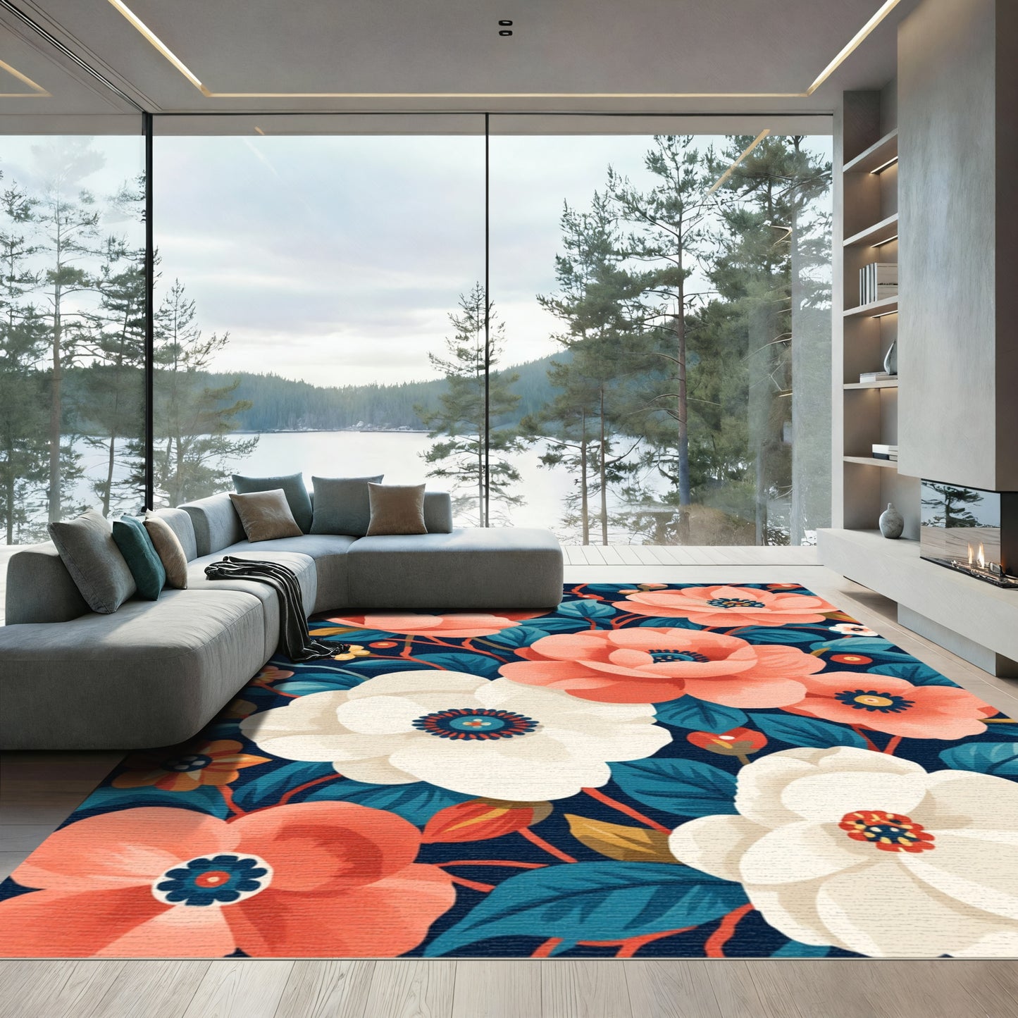 Coral White Floral Bloom Navy Rug