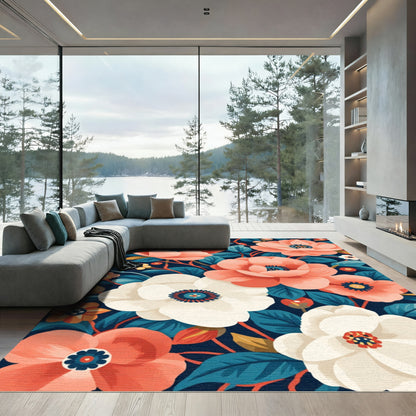 Coral White Floral Bloom Navy Rug