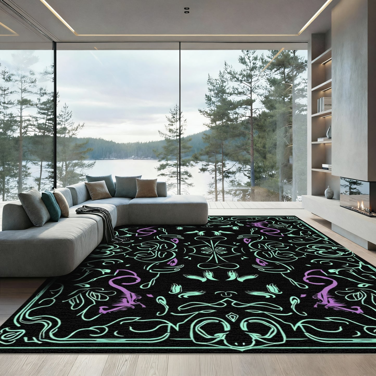 Mint Purple Art Nouveau Dragon Arrangement Rug