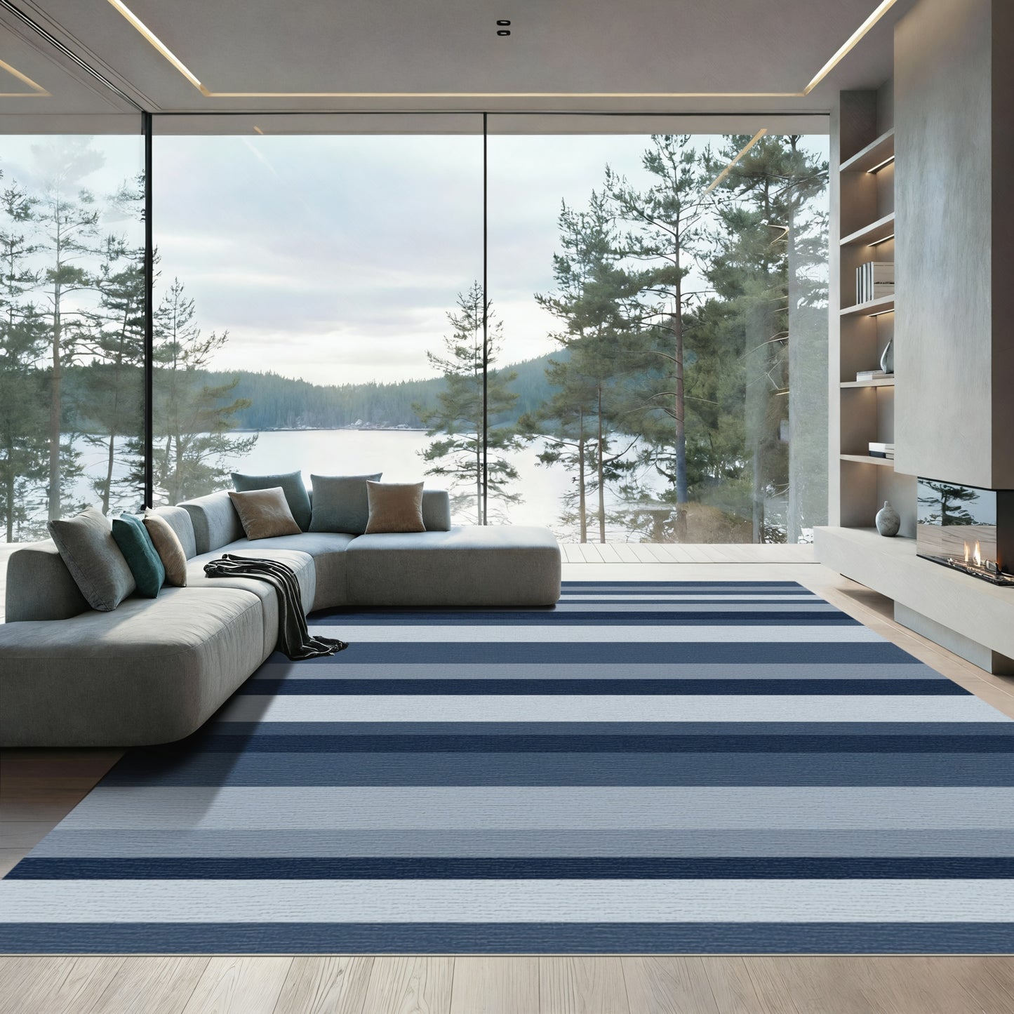 Cool Blue Horizontal Stripe Gradient Rug