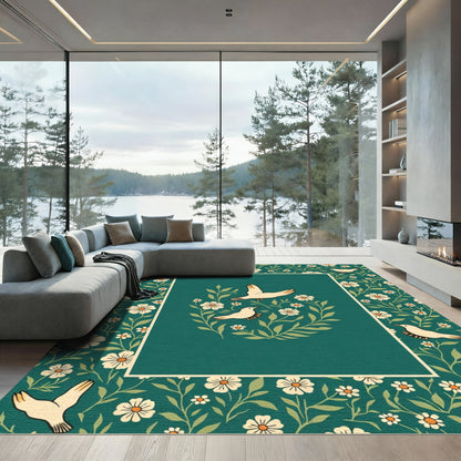 Emerald Green White Bird Floral Arrangement Rug
