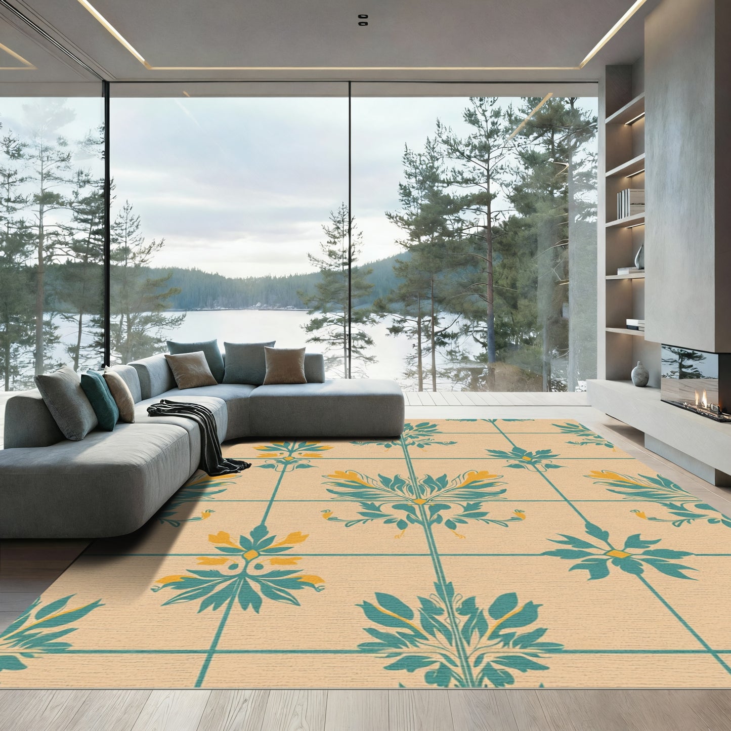 Teal Gold Floral Lattice Medallion Rug