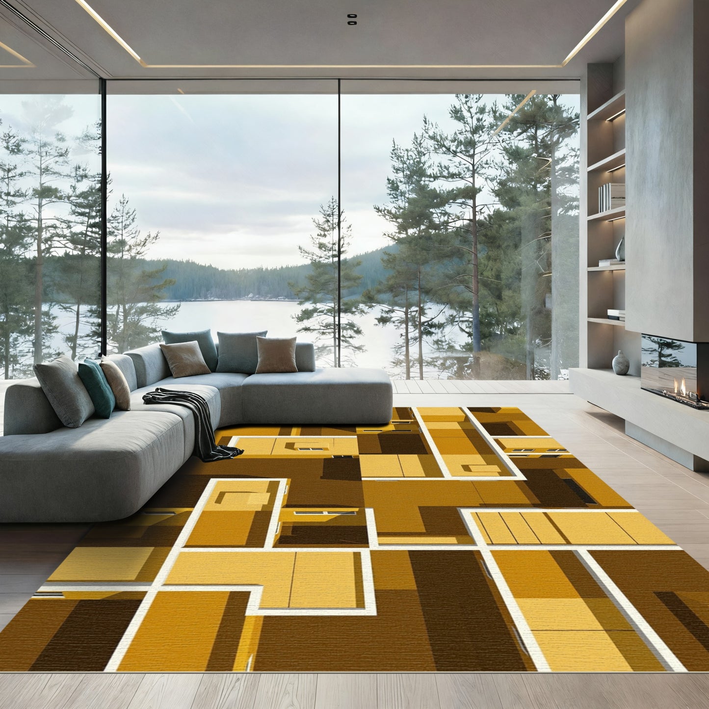 Modern Gold Geometric Architectural Grid Rug