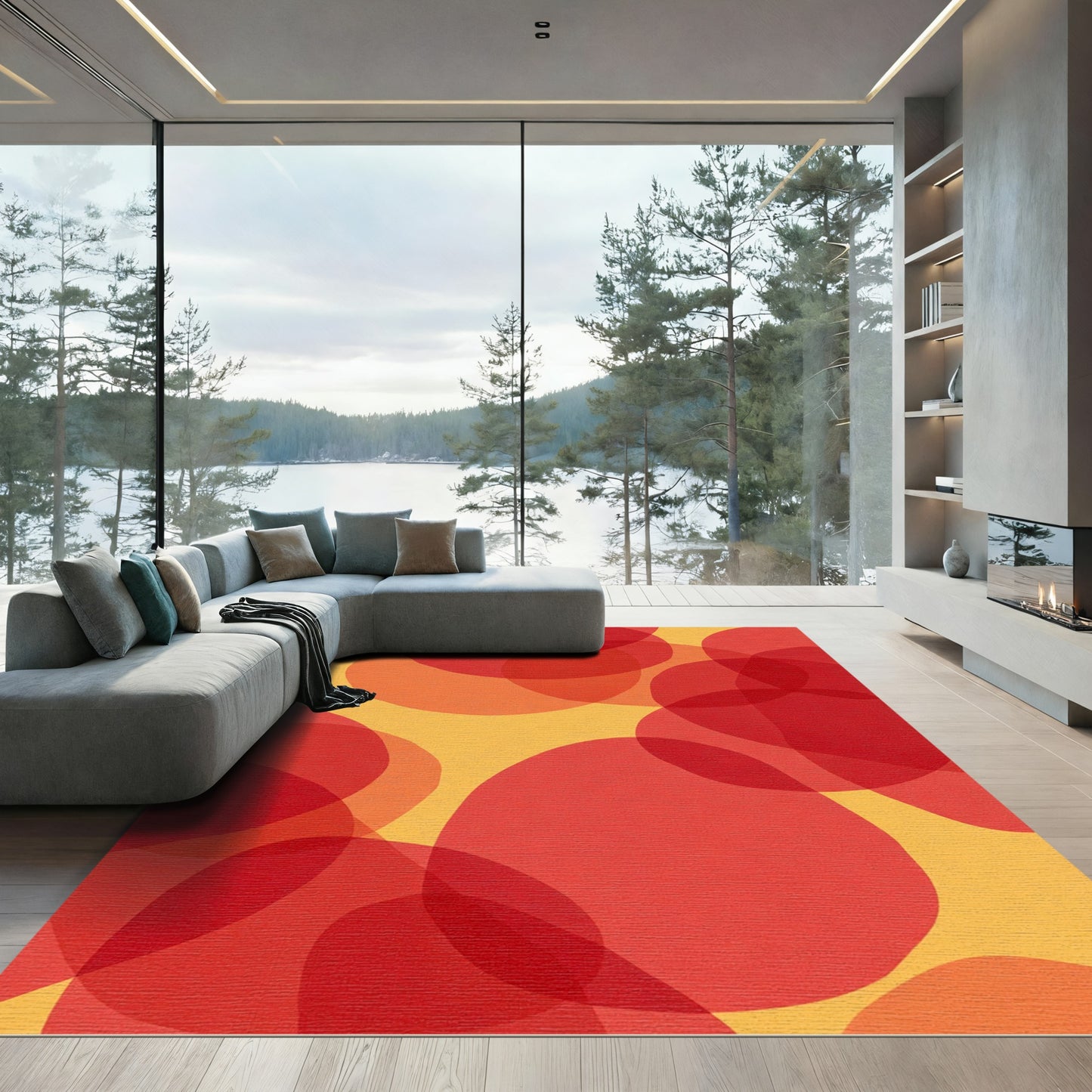 Radiant Crimson Orange Geometric Overlay Rug