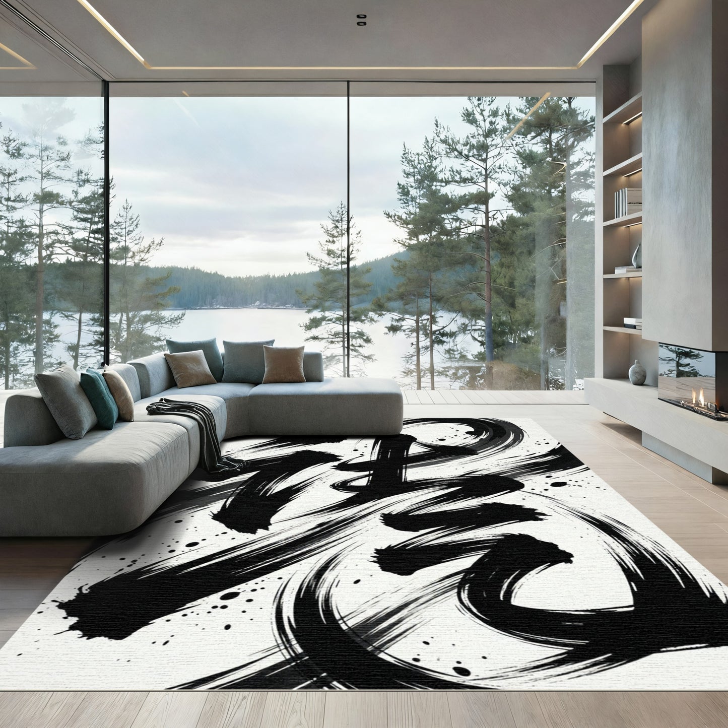 Bold Black Ink Tiger Calligraphy Rug