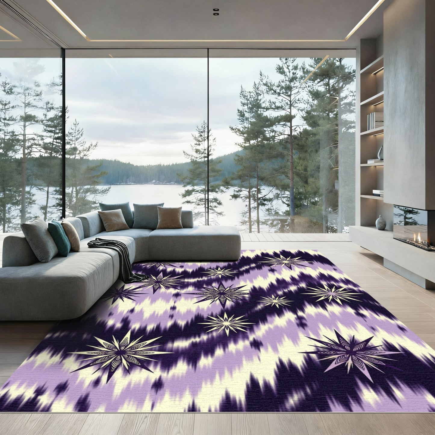 Purple Cream Starburst Ikat Rug