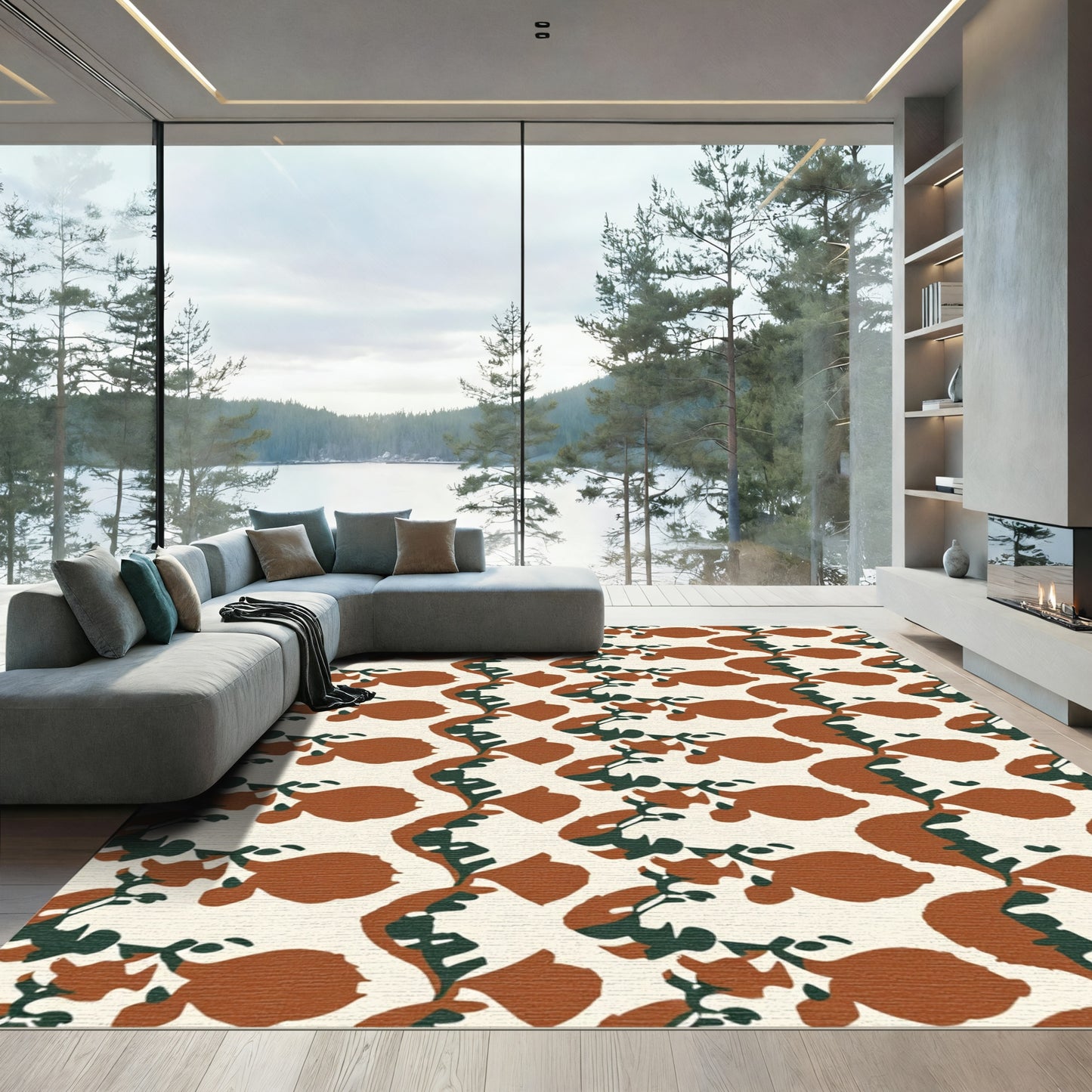 Earthy Red Green Branch Blossom Rug