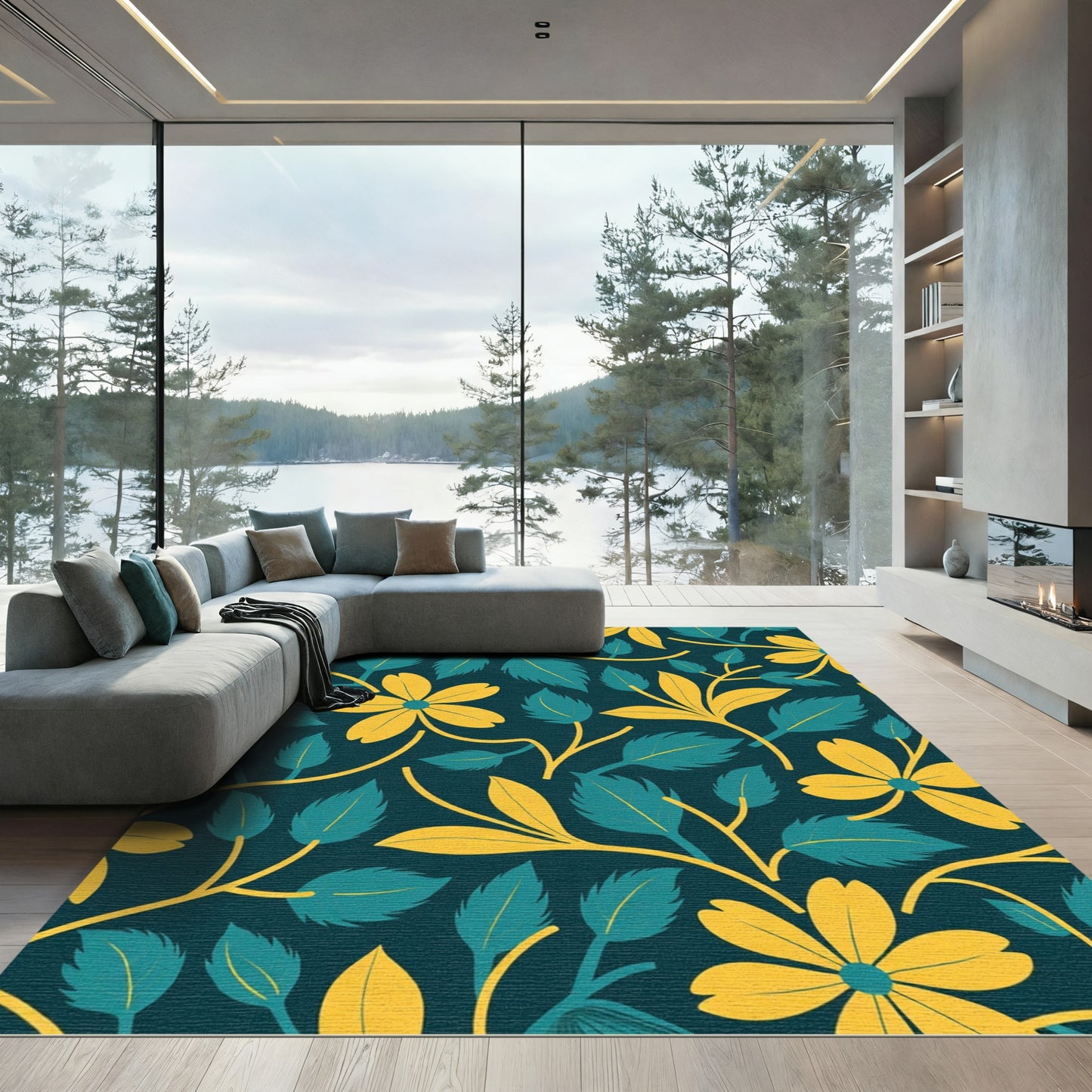 Teal Yellow Floral Vine Pattern Rug