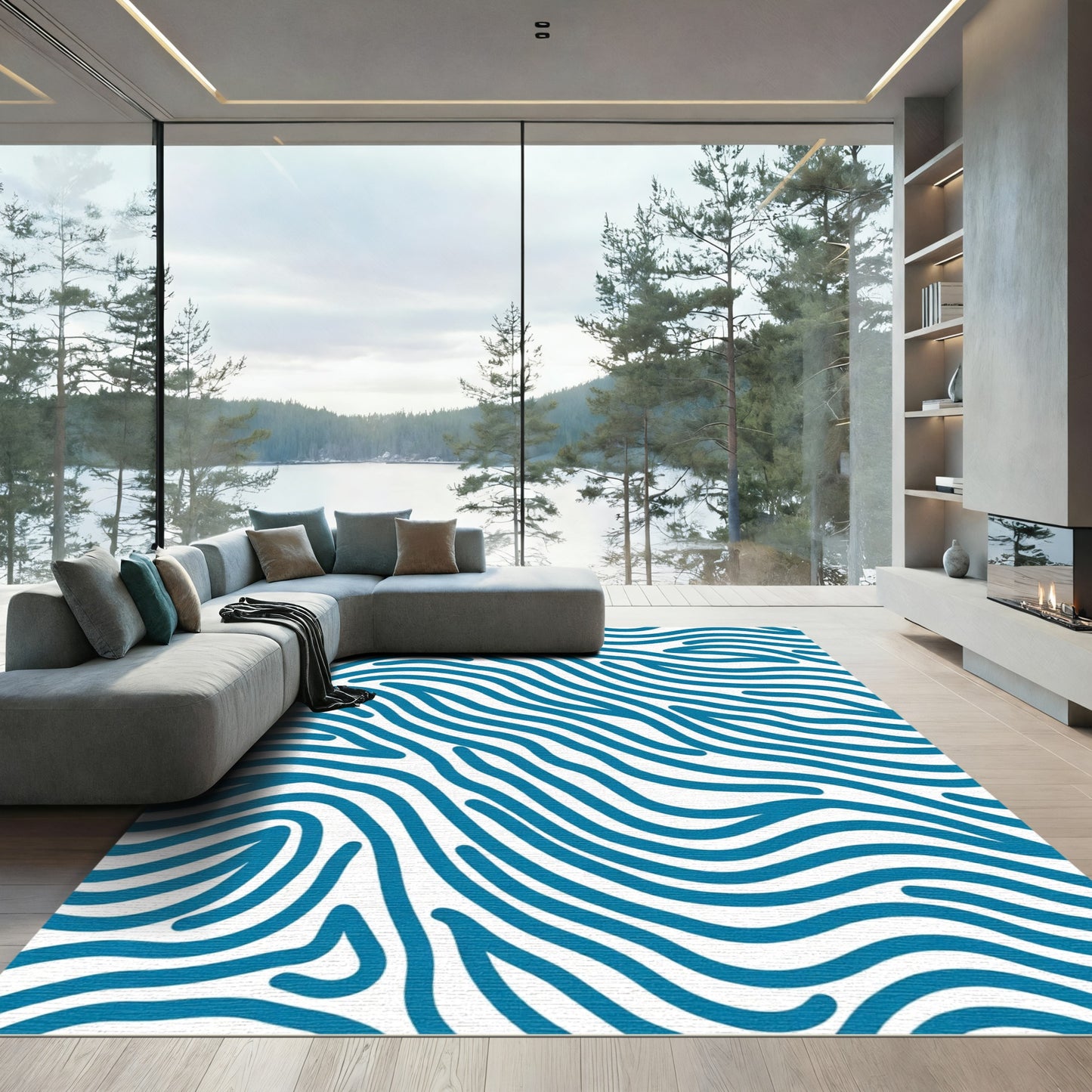 Deep Blue Abstract Wavy Lines Rug