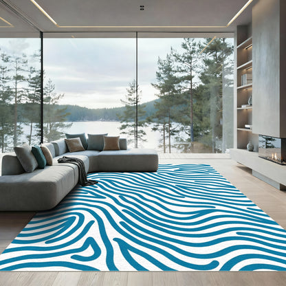 Deep Blue Abstract Wavy Lines Rug