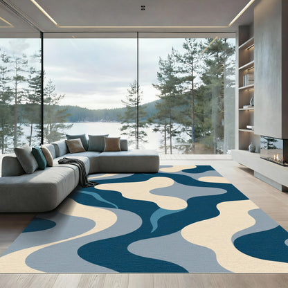 Deep Blue Organic Wave Composition Rug