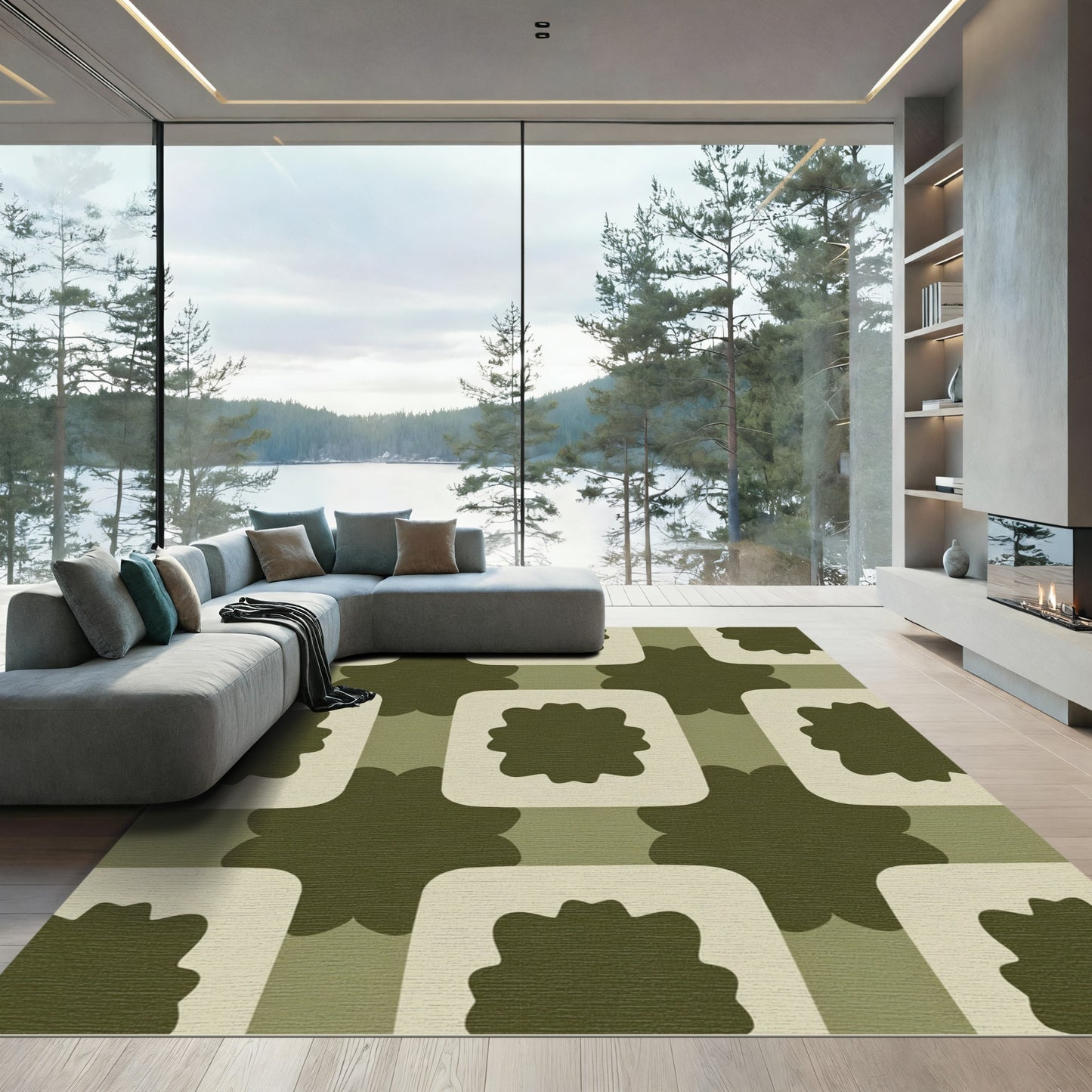 Olive Green Abstract Floral Squares Rug