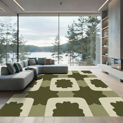 Olive Green Abstract Floral Squares Rug