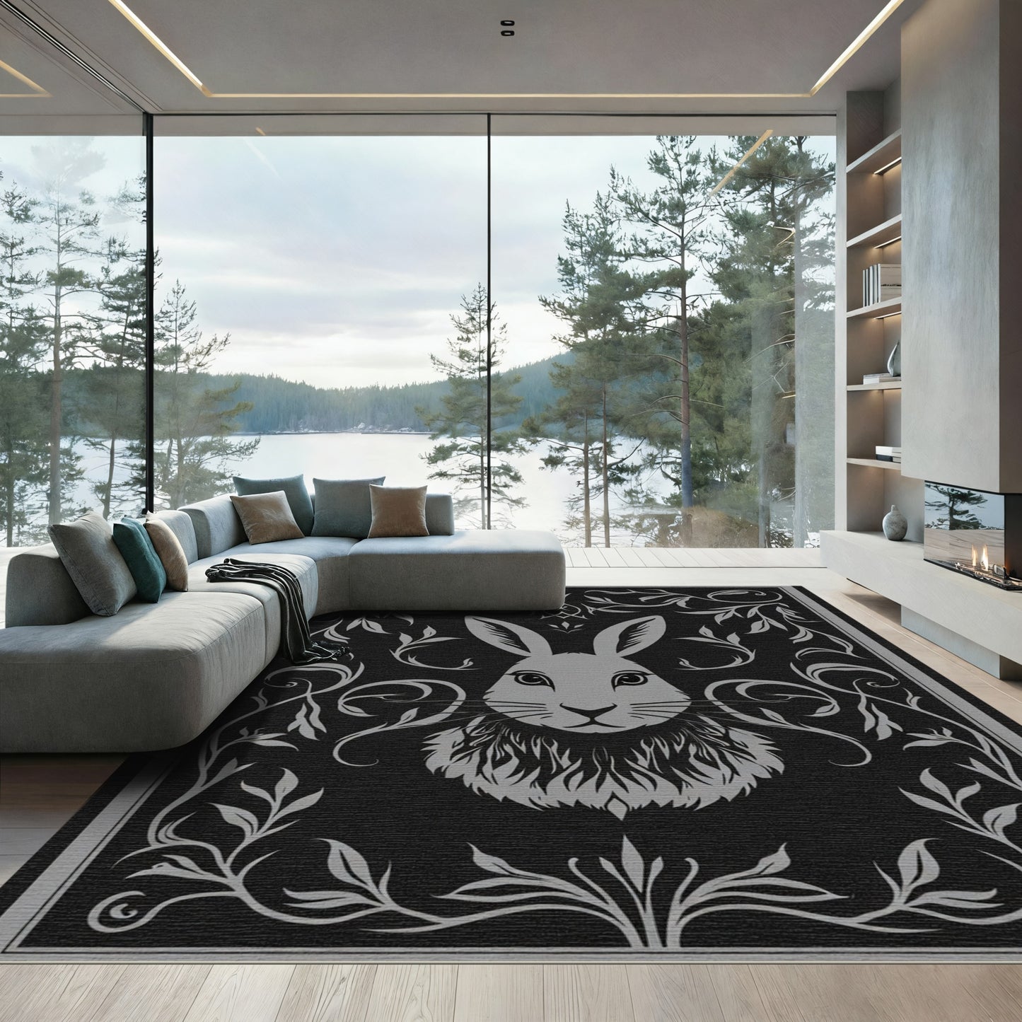 Elegant Gray Bunny Floral Frame Rug