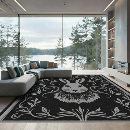 Elegant Gray Bunny Floral Frame Rug