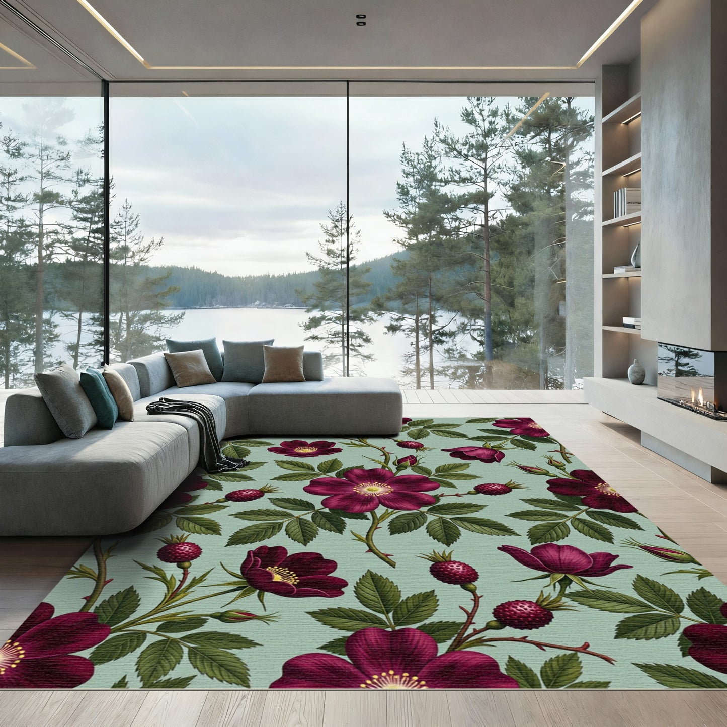Deep Burgundy Rose Botanical Sage Rug
