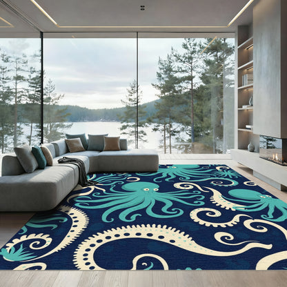 Whimsical Teal Octopus Swirls Rug