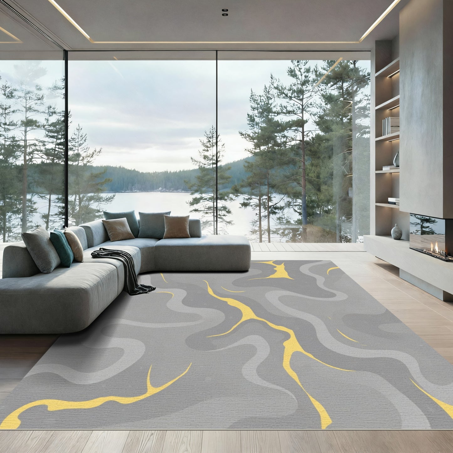 Modern Gray Yellow Swirl Abstract Rug