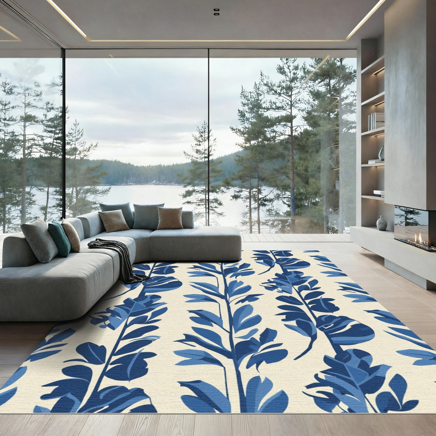 Deep Blue Botanical Vertical Stripe Rug