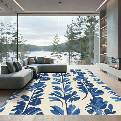 Deep Blue Botanical Vertical Stripe Rug