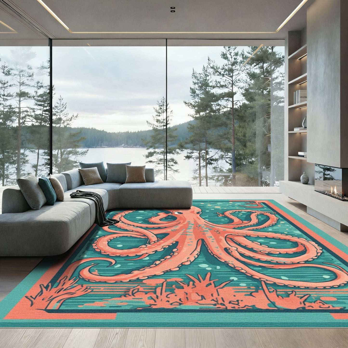 Coral Pink Octopus Sea Creatures Rug