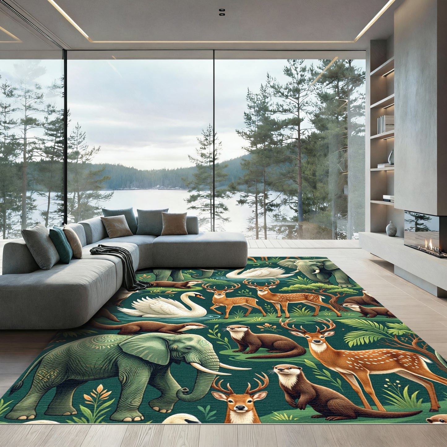 Whimsical Teal Woodland Wildlife Forest Rug
