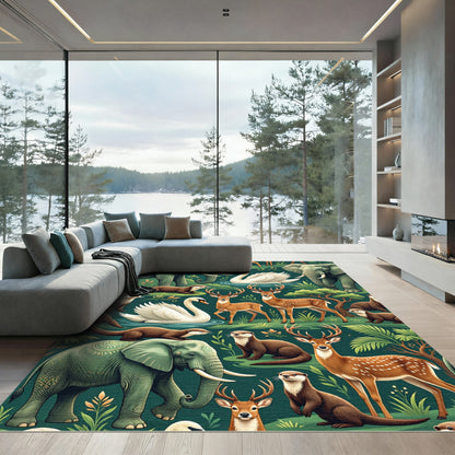 Whimsical Teal Woodland Wildlife Forest Rug