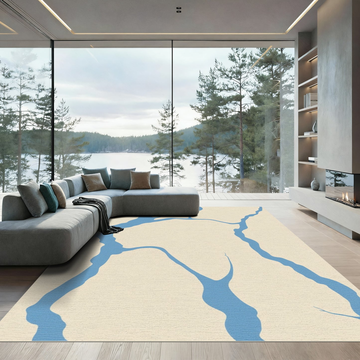 Cream Blue Branch Network Rug