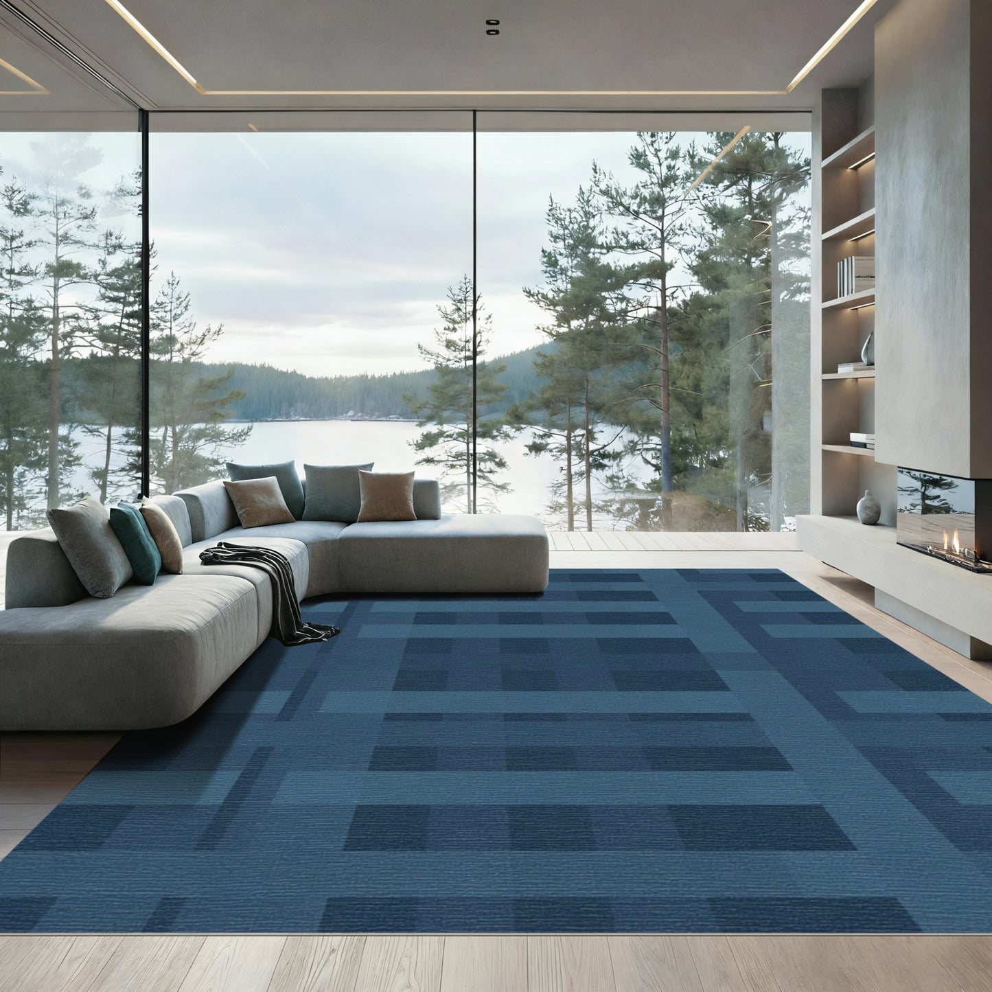 Deep Blue Grid Stripe Rug