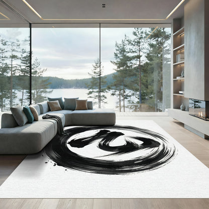 Bold Black Ink Abstract Brush Stroke Rug