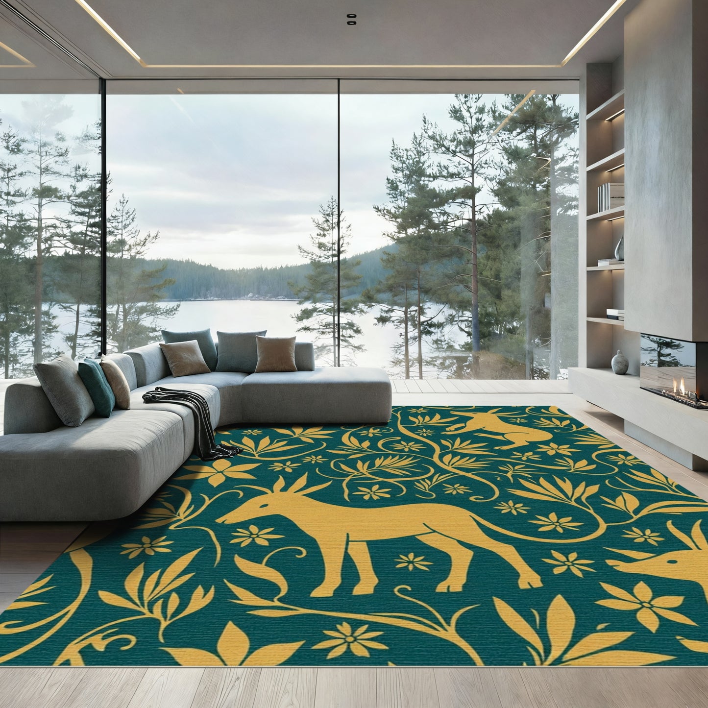 Golden Woodland Animal Botanical Overlay Rug