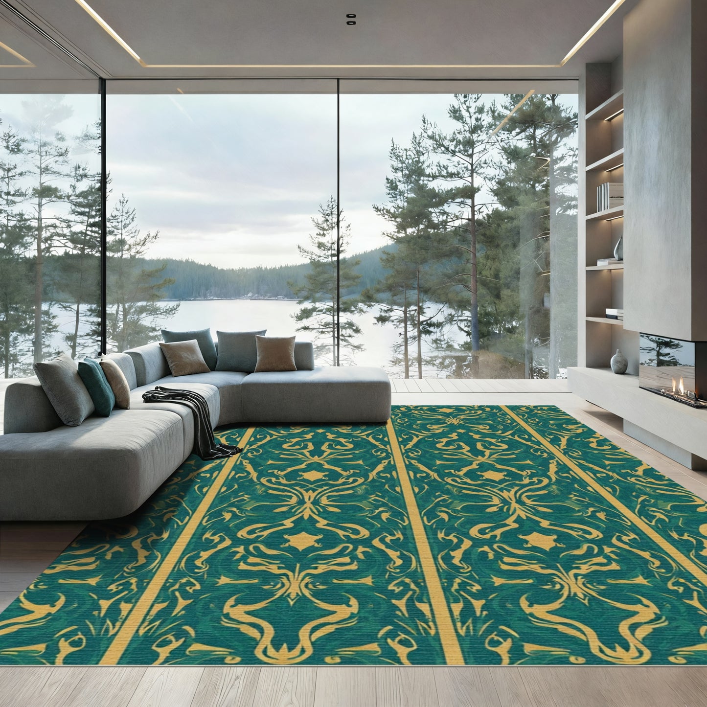 Regal Emerald Gold Damask Stripe Rug