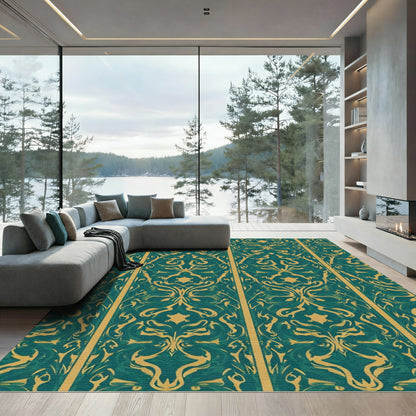 Regal Emerald Gold Damask Stripe Rug
