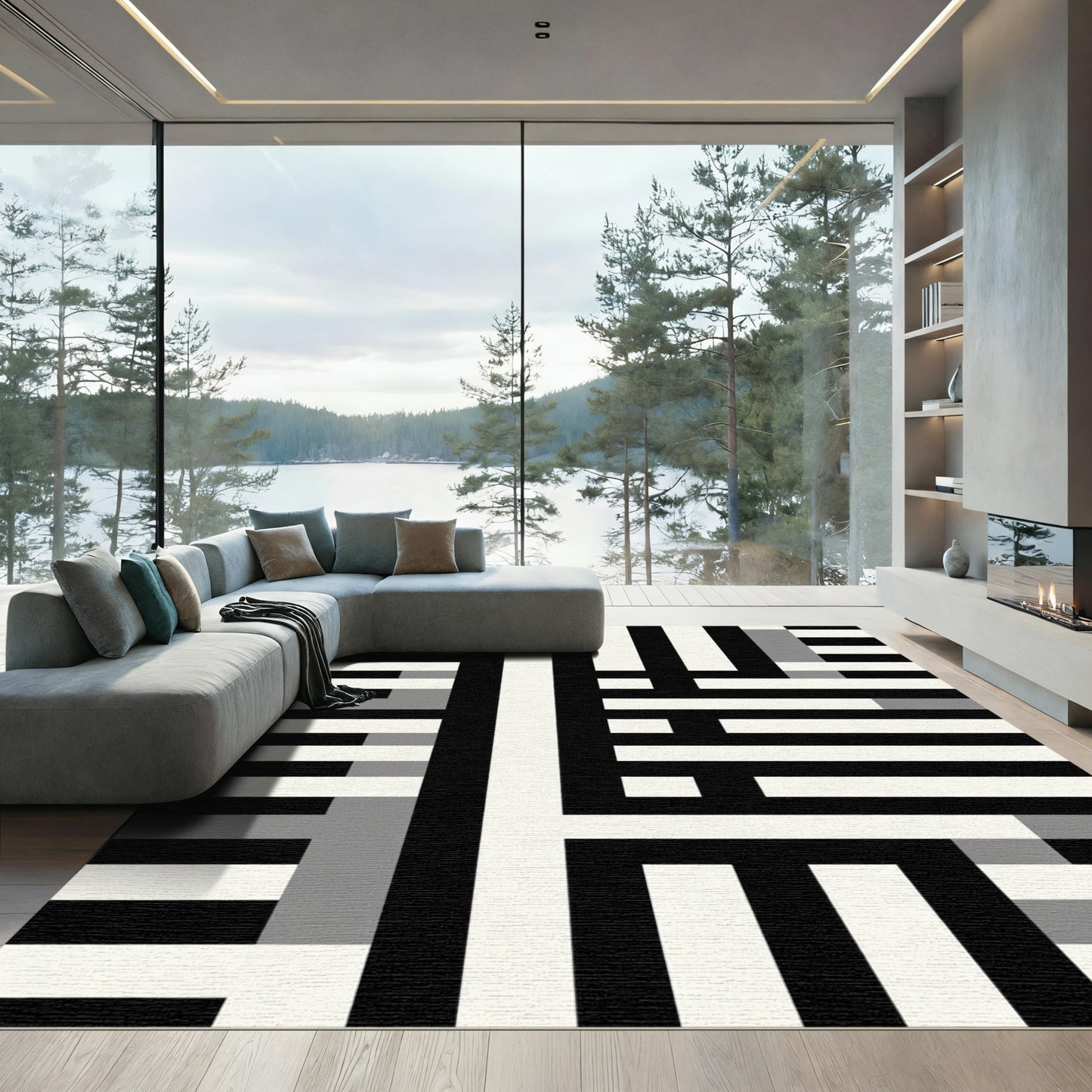 Monochrome Geometric Block Weave Rug