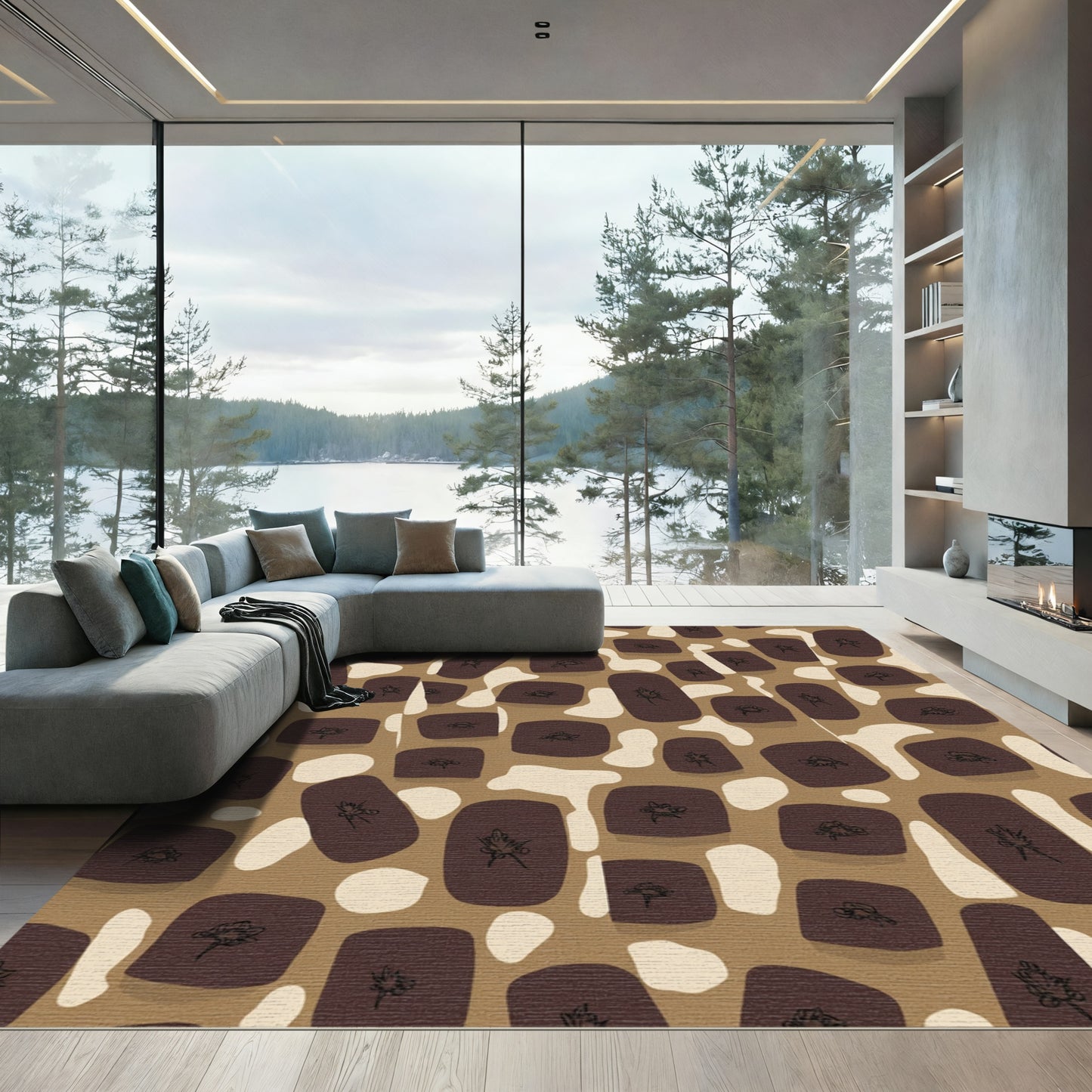 Brown Abstract Organic Shapes Botanical Rug