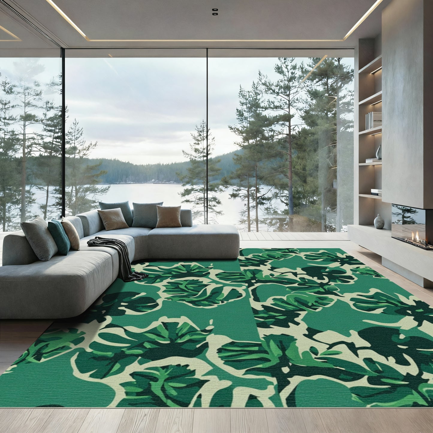 Deep Emerald Abstract Monstera Leaves Rug