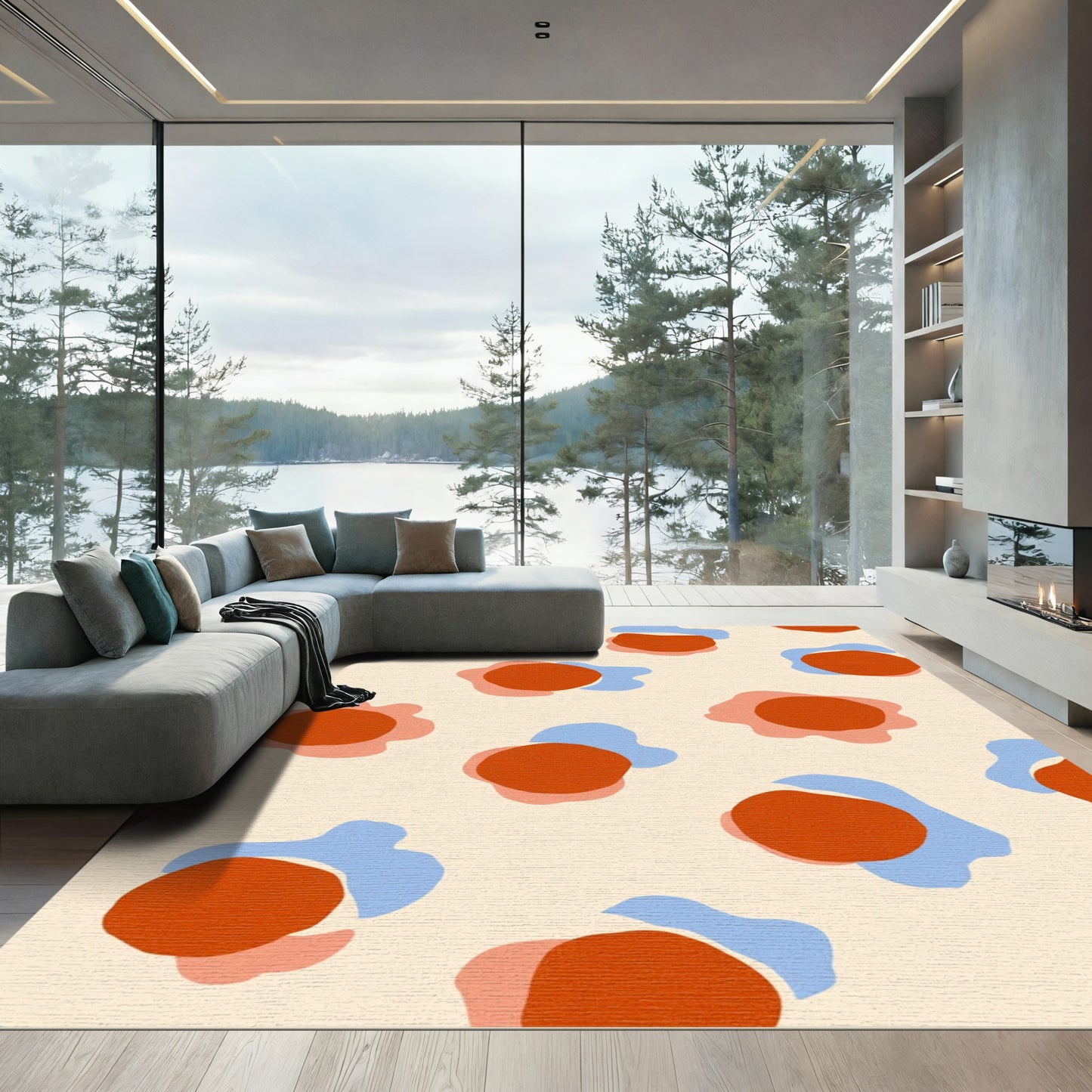 Orange Blue Abstract Organic Shapes Rug