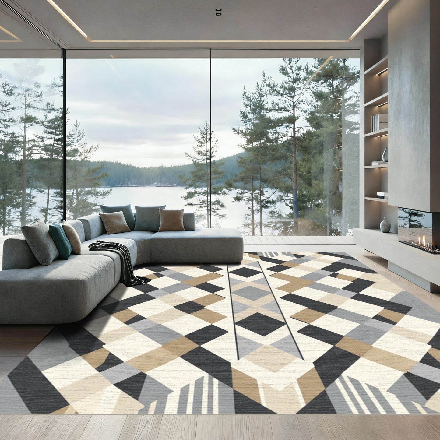 Geometric Tan Diamond Stripes Rug